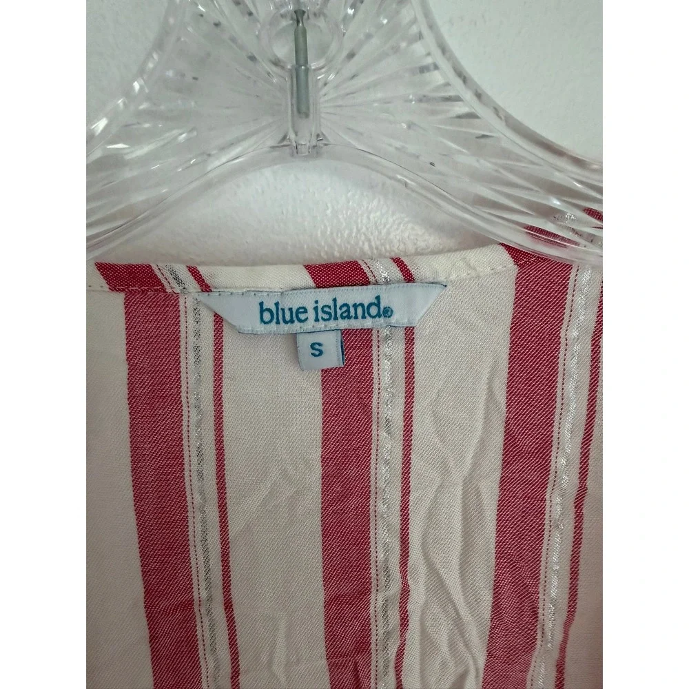 Blue Island Pink‎ White Striped Metallic Tie Front Tassel Tiered Coverup Small